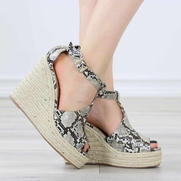 Snake Print Platform Espadrille Wedge Heel Sandals Adjustable Ankle Strap - Picture 1 of 11